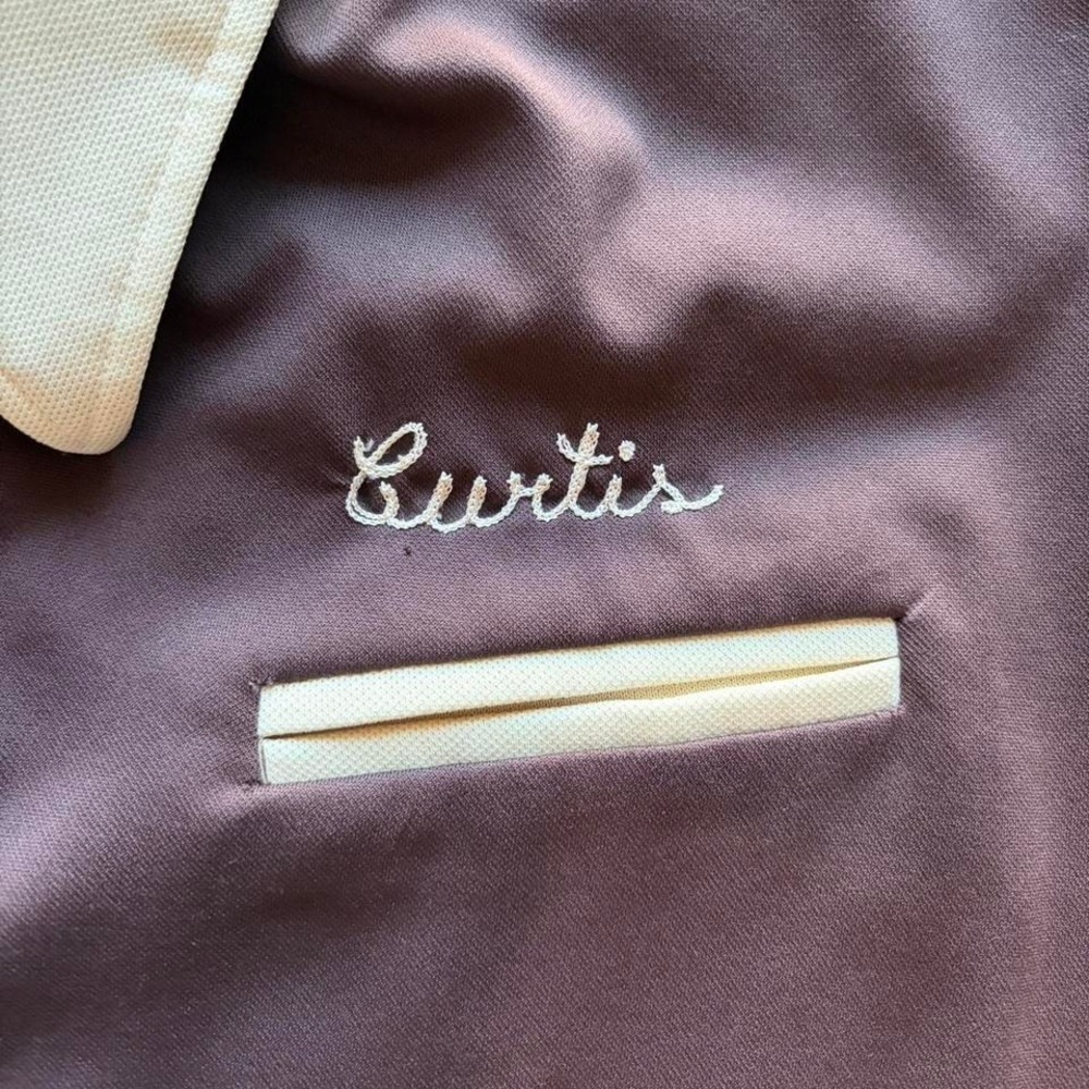 Vintage 1960s King Louie Chain Stitch Brown and Cream bowling shirt Size XL - Picture 3 of 8